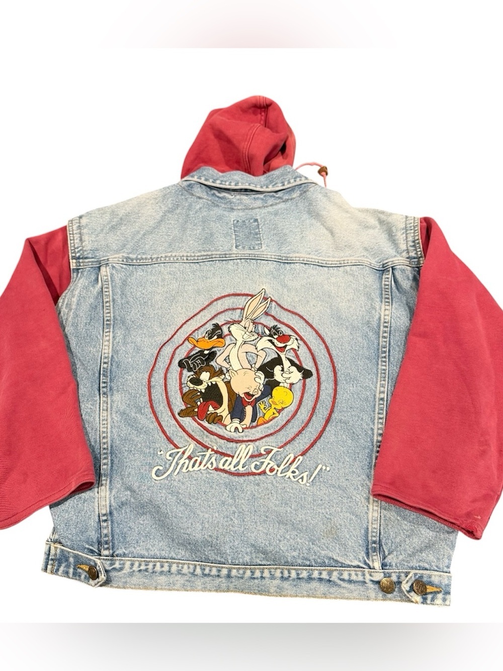 Looney Tunes vintage denim jacket sweatshirt hood large men 90s Thats All Folks